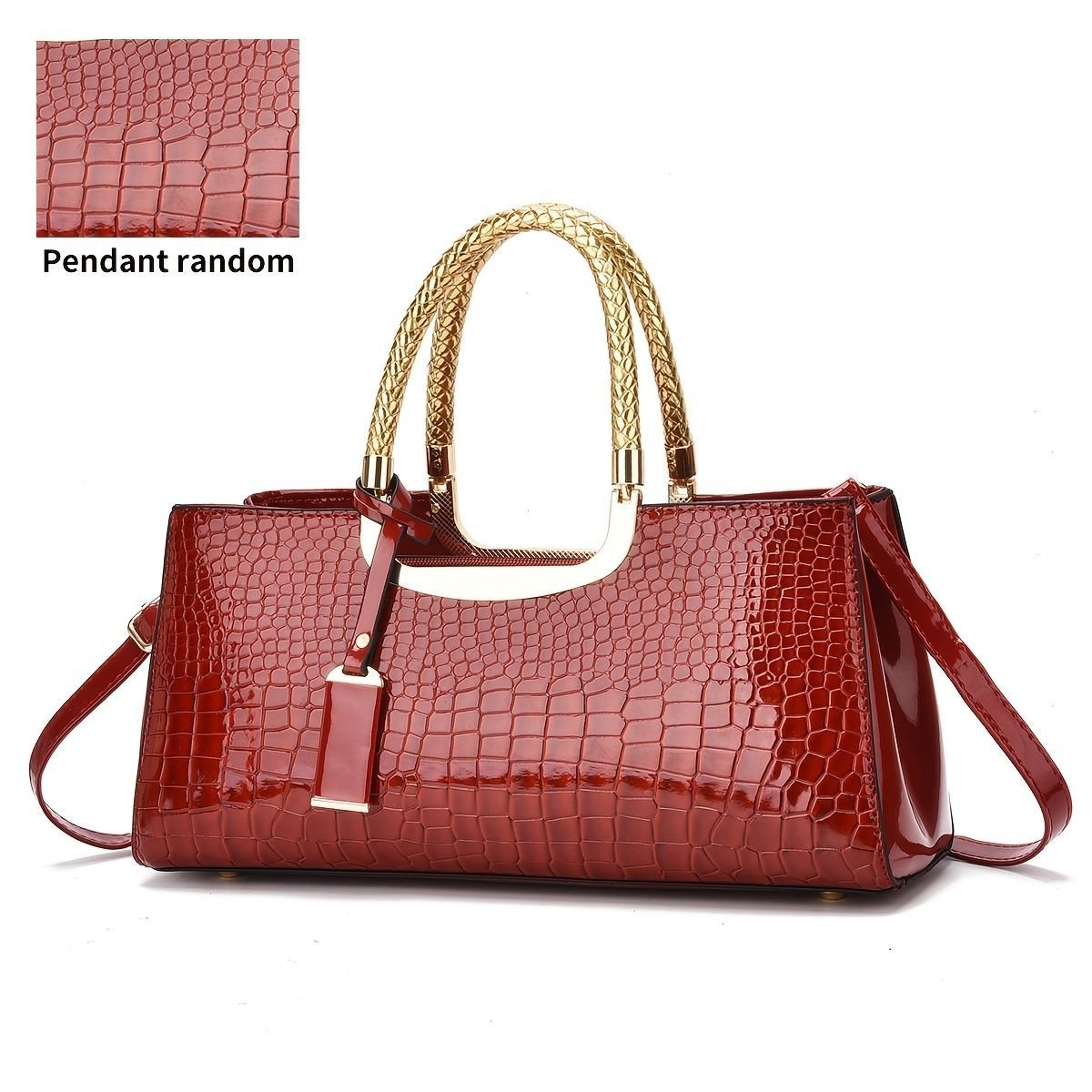Black Tote Bag Patent Croc Embossed Gold Handles Stylish Accessory High Quality - Coffee color - Size L - V1347-127-48451-COF-L Black Tote Bag Patent Croc Embossed Gold Handles Stylish Accessory High Quality - Coffee color - Size L - Image 4