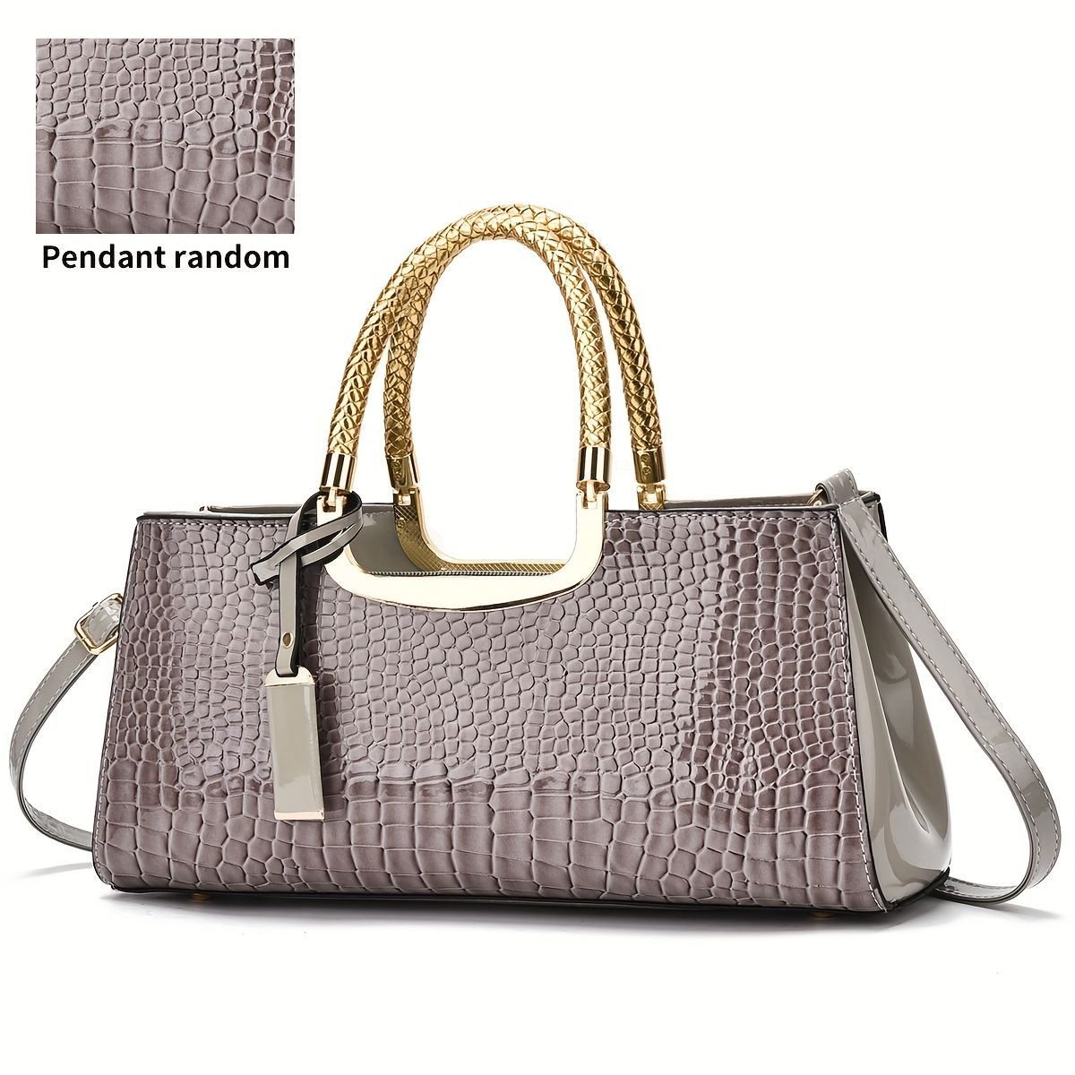 Black Tote Bag Patent Croc Embossed Gold Handles Stylish Accessory High Quality - Coffee color - Size L - V1347-127-48451-COF-L Black Tote Bag Patent Croc Embossed Gold Handles Stylish Accessory High Quality - Coffee color - Size L - Image 5