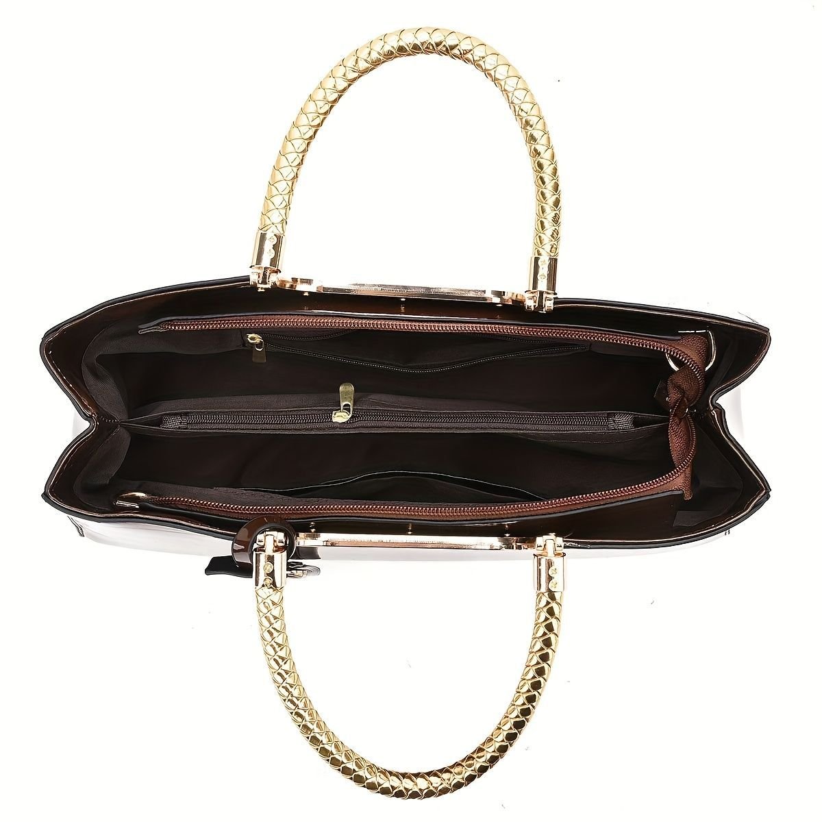 Black Tote Bag Patent Croc Embossed Gold Handles Stylish Accessory High Quality - Coffee color - Size L - V1347-127-48451-COF-L Black Tote Bag Patent Croc Embossed Gold Handles Stylish Accessory High Quality - Coffee color - Size L - Image 8