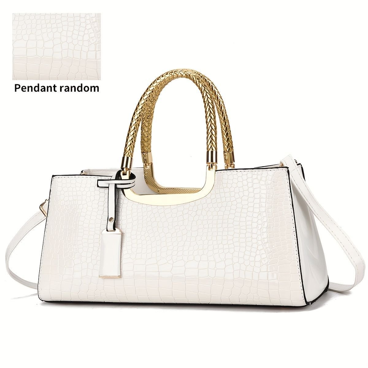 Black Tote Bag Patent Croc Embossed Gold Handles Stylish Accessory High Quality - Khaki - Size L - V1347-127-48451-KHK-L Black Tote Bag Patent Croc Embossed Gold Handles Stylish Accessory High Quality - Khaki - Size L - Image 2