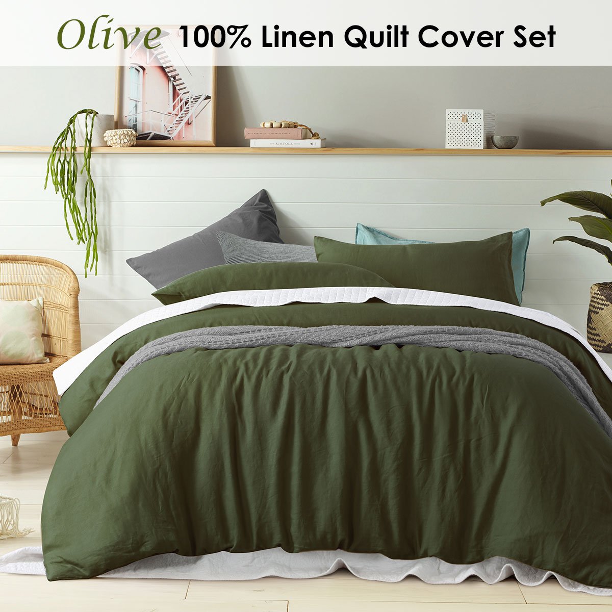 100% Linen Olive Quilt Cover Set Super King - V442-HIN-QUILTCS-LINEN-OLIVE-SK 100% Linen Olive Quilt Cover Set Super King - Image 2