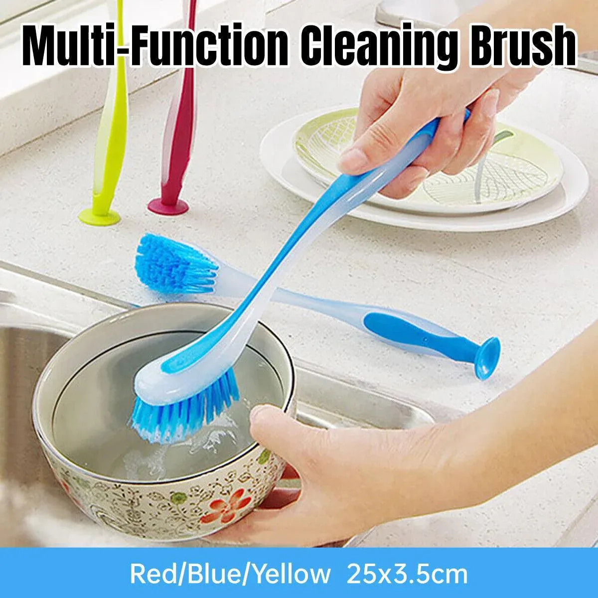 Multi Functional Long Handle Cleaning Brush Vertical Suction Kitchen Brush - Yellow - V528-SUCTION-CUP-BRUSH-YELLOW-273911 Multi Functional Long Handle Cleaning Brush Vertical Suction Kitchen Brush - Yellow - Image 2