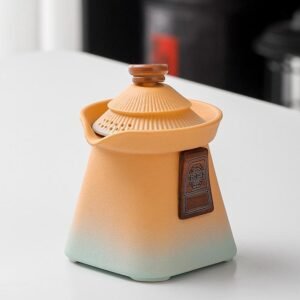 Artisan Ceramic Tea Pot with Built-in Strainer - 280ml, Gradient Finish & Wooden Accents(Yellow+cyan)