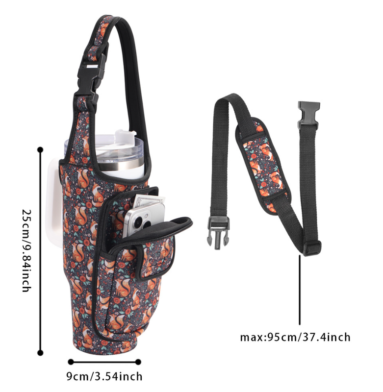 Whimsical Fox Print Insulated Tumbler Carrier Pouch with Adjustable Strap & Pocket - V888-ELOSUNG33992 Whimsical Fox Print Insulated Tumbler Carrier Pouch with Adjustable Strap & Pocket - Image 2