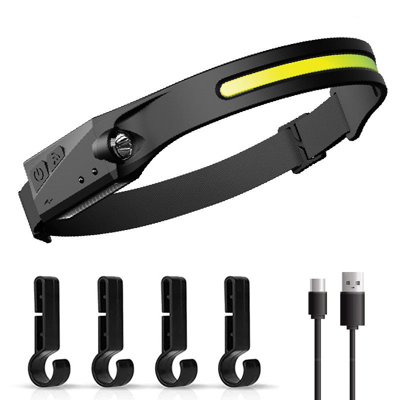 1 Piece Black Bright COB LED Headlamp with Motion Sensor - 230° Wide Beam for Outdoor Camping, Hiking & Fishing