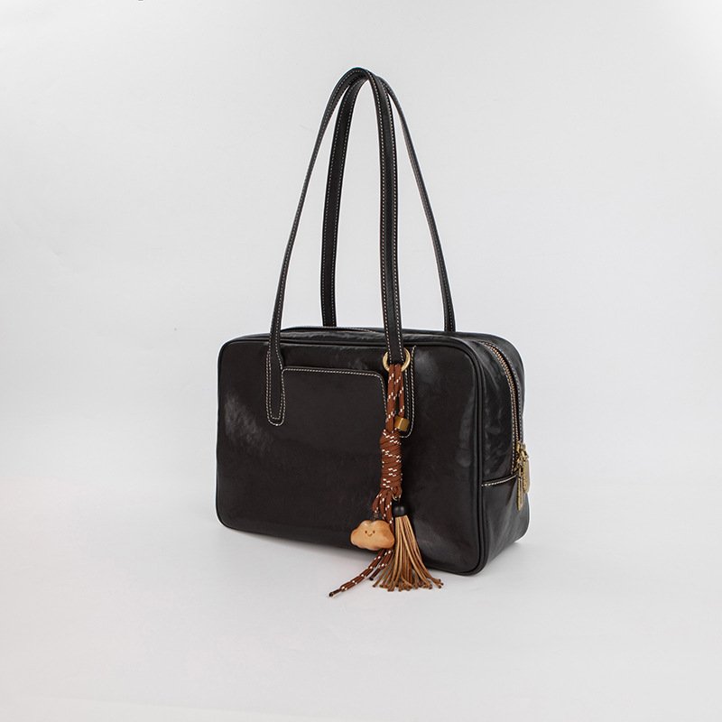 Large Size Black Vintage Genuine Split Leather Bowling Bag for Women - Retro Top Handle Satchel & Crossbody Purse