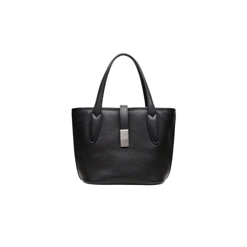 Black Women's Vegetable Tanned Leather Bucket Bag Minimalist Crossbody Handbag with Inner Canvas Pouch for Work Daily Use