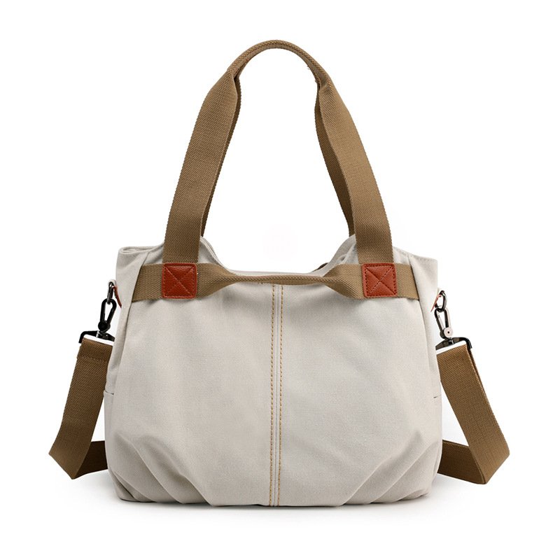 White Women's Retro Canvas Tote Bag Large Capacity Shoulder Handbag Adjustable Crossbody Strap 35cm for Travel Work & Daily Use