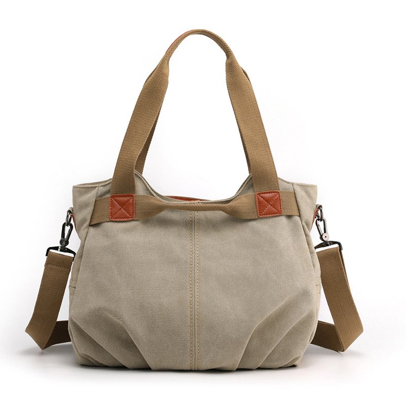 Khaki Women's Retro Canvas Tote Bag Large Capacity Shoulder Handbag Adjustable Crossbody Strap 35cm for Travel Work & Daily Use
