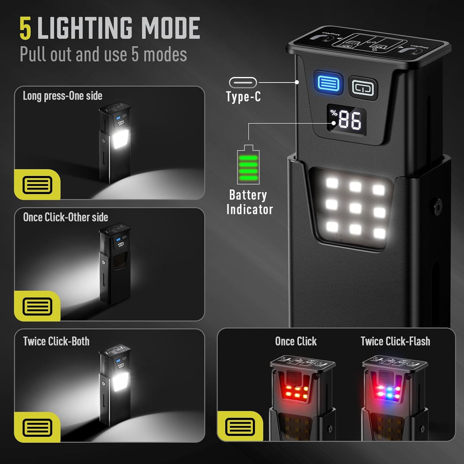 Black Magnetic Flashlight: Spotlight, COB Flood, Red&Blue Warning - V888-ELOSUNG39096 Black Magnetic Flashlight: Spotlight, COB Flood, Red&Blue Warning - Image 4