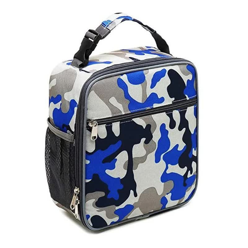 Camouflage Blue Portable Insulated Lunch Bag - Oxford Cloth Handheld Meal Prep Tote, Large-Capacity Square Upright Design for School Office