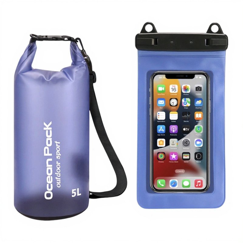 Blue Purple 5L PVC Waterproof Swimming Bag Bonus with Waterproof Phone Pouch - Roll-Top Floating Dry Gear Bags for Beach, Kayaking & Outdoor Sports