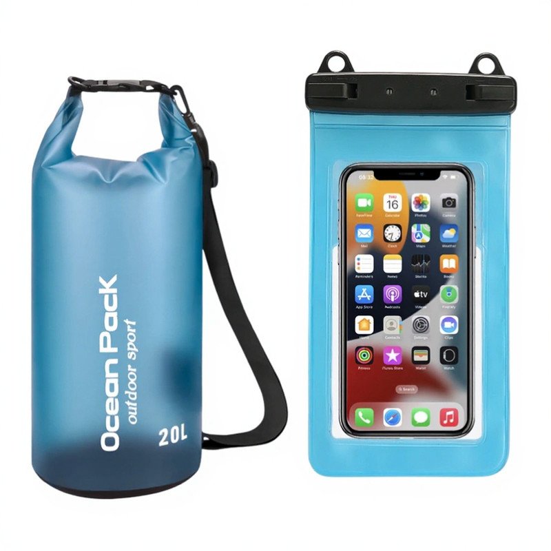 Blue 20L PVC Waterproof Swimming Bag Bonus with Waterproof Phone Pouch - Roll-Top Floating Dry Gear Bags for Beach, Kayaking & Outdoor Sports