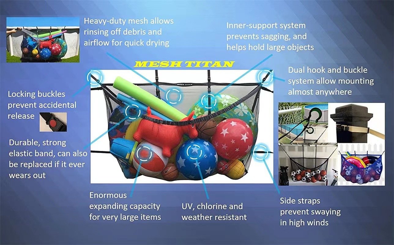 Black Large Hanging Pool Toy Storage Bag - Mesh Net Organiser for Swimming Floats, Sports Balls & Inflatables - 145cm Extra Large Capacity for Outdoor Fences & Garage - V888-ELOSUNG41254 Black Large Hanging Pool Toy Storage Bag - Mesh Net Organiser for Swimming Floats, Sports Balls & Inflatables - 145cm Extra Large Capacity for Outdoor Fences & Garage - Image 3