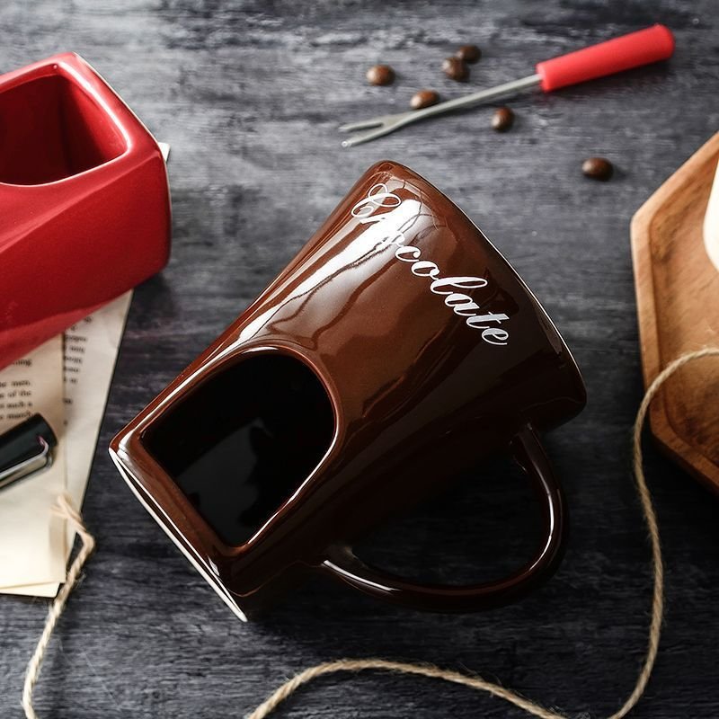Coffee European Style Ceramic Chocolate & Cheese Melter Set - 200ml Mini Melting Mug & Fork