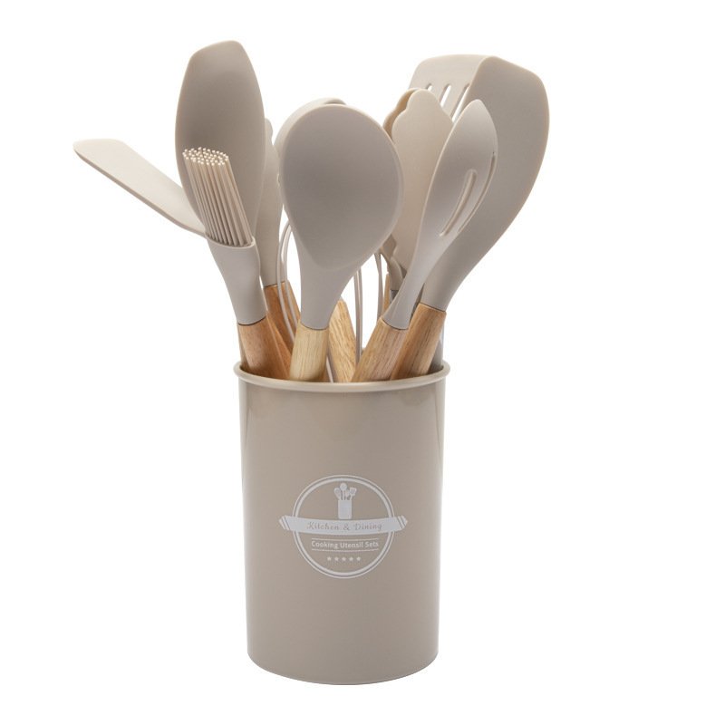 12-Piece Khaki Heat-Resistant Silicone Cooking Utensils with Wooden Handles and Box - Non-Stick Scratch-Free Kitchen Tool Kit