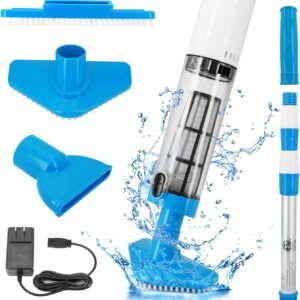 Blue and White Cordless Underwater Pool Vacuum with 3 Cleaning Heads & 164cm Extended Reach - Rechargeable Handheld Spa & Pond Cleaner