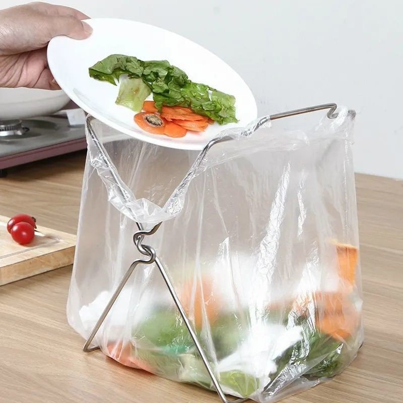 2-Pack Foldable Stainless Steel Trash Bag Holder (17 x 21 CM) - Multi-Functional Kitchen Countertop Organizer for Plastic Bag & Dishcloth