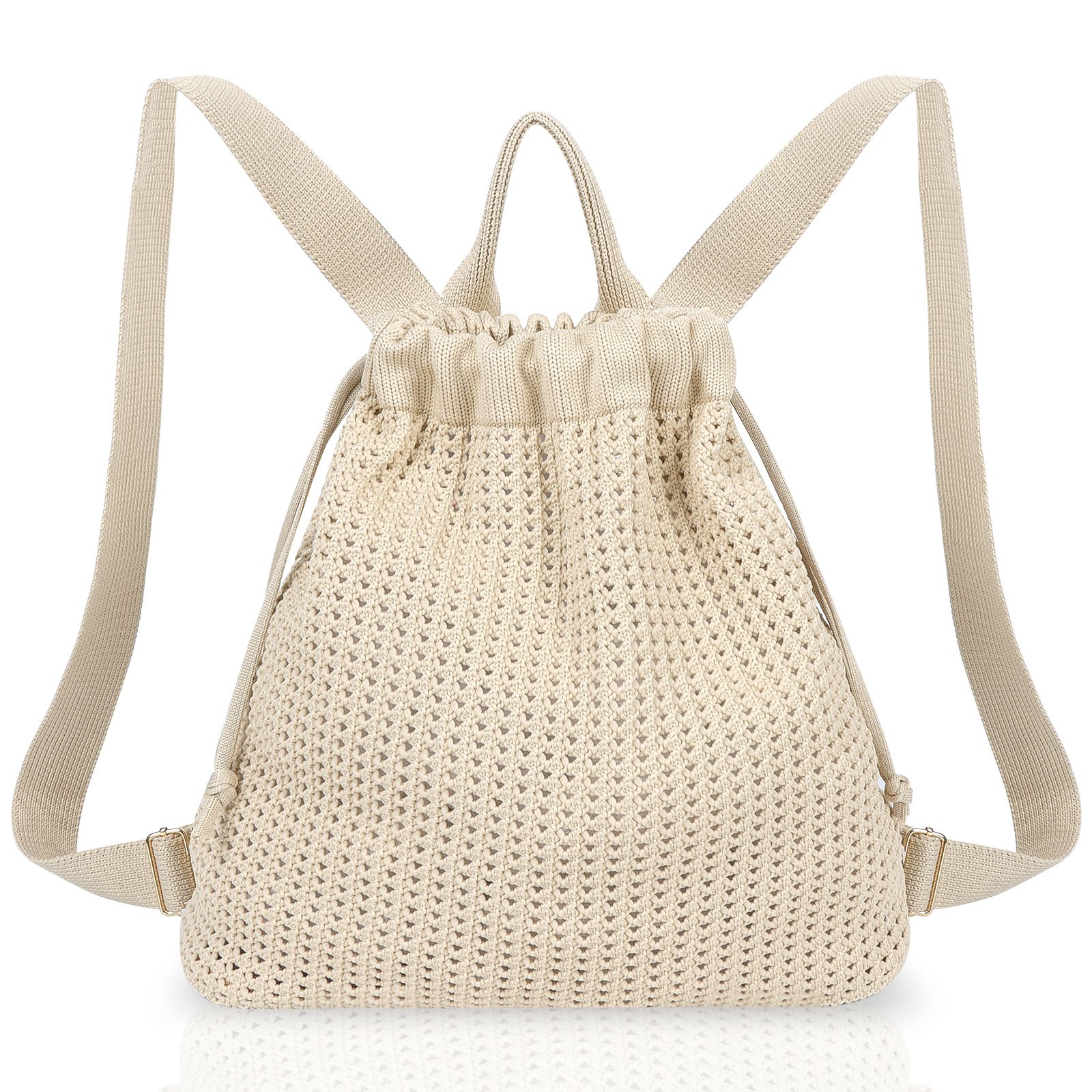 Khaki Bohemian Crochet Knit Drawstring Backpack - Hand-Woven Versatile Tote & Shoulder Bag for Vacation, Travel, and Daily Use