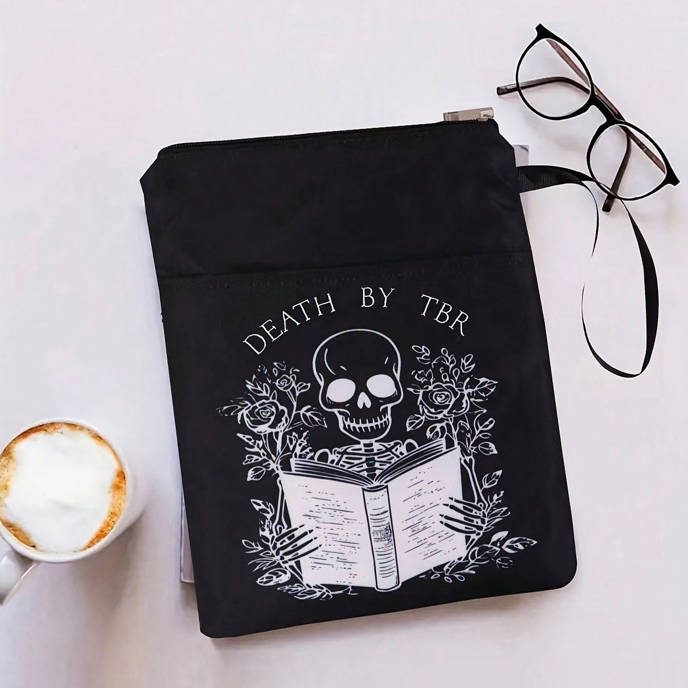 Black skull Zippered Book Sleeve with Printed Design – Waterproof Protective Cover for Books, Ideal for Readers and Students with Extra Pocket & Carry Strap