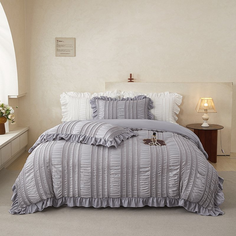 Grey Elegant Ruffle Seersucker Duvet Cover with 2PCS Pillow Shams - 3-Piece Vertical Stripe Clipped Floral Textured Bedding (King Size 264 x 229 CM)