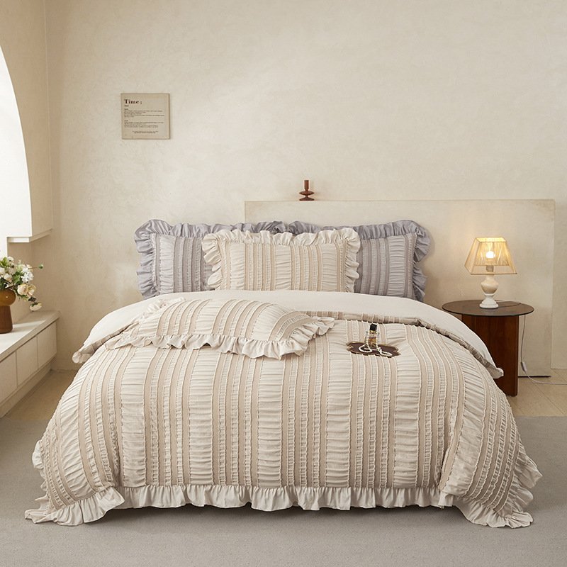 Beige Elegant Ruffle Seersucker Duvet Cover with 2PCS Pillow Shams - 3-Piece Vertical Stripe Clipped Floral Textured Bedding (King Size 264 x 229 CM)