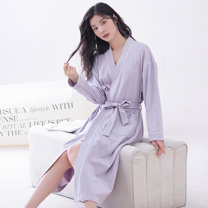 Purple XL size Women's Cotton Robe — Autumn/Winter Bathrobe & Morning Gown | Long Sleeve, Mid-Length, Plus Size | Loose, Comfortable, and Machine Washable | Suitable for All Seasons