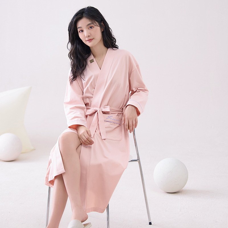 Pink 2XL size Women's Cotton Robe — Autumn/Winter Bathrobe & Morning Gown | Long Sleeve, Mid-Length, Plus Size | Loose, Comfortable, and Machine Washable | Suitable for All Seasons