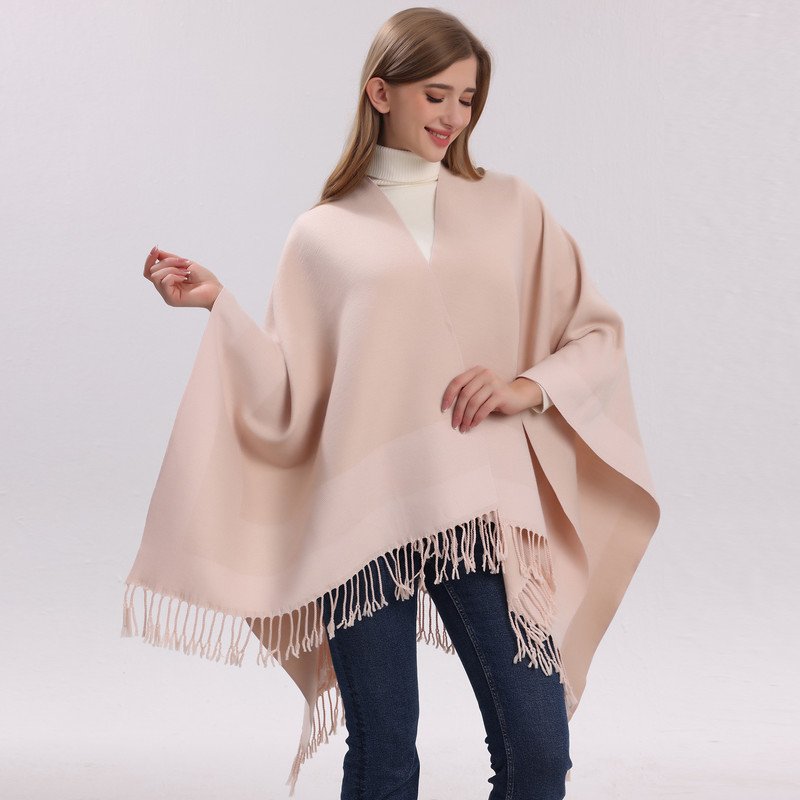 Khaki elegant women's tassel cape shawl scarf, multi-functional all-in-one warm and comfortable winter shawl scarf, convenient for home, travel, and office wear, stylish and beautiful with tassels. - V888-ELOSUNG50069 Khaki elegant women's tassel cape shawl scarf, multi-functional all-in-one warm and comfortable winter shawl scarf, convenient for home, travel, and office wear, stylish and beautiful with tassels. - Image 5