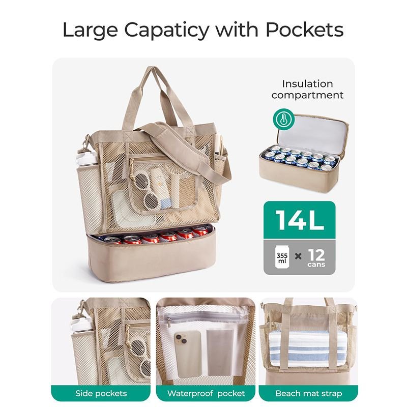 16.5 x 7.9 x 18.9" Light Blue Beach Travel Mesh Tote Bag with 14L Insulated Drink Compartment - Multi Pockets Sandproof Beach Picnic Bag with Picnic Mat Strap, Cup Holder and Waterproof Phone Pocket - V888-ELOSUNG52649 16.5 x 7.9 x 18.9" Light Blue Beach Travel Mesh Tote Bag with 14L Insulated Drink Compartment - Multi Pockets Sandproof Beach Picnic Bag with Picnic Mat Strap, Cup Holder and Waterproof Phone Pocket - Image 2