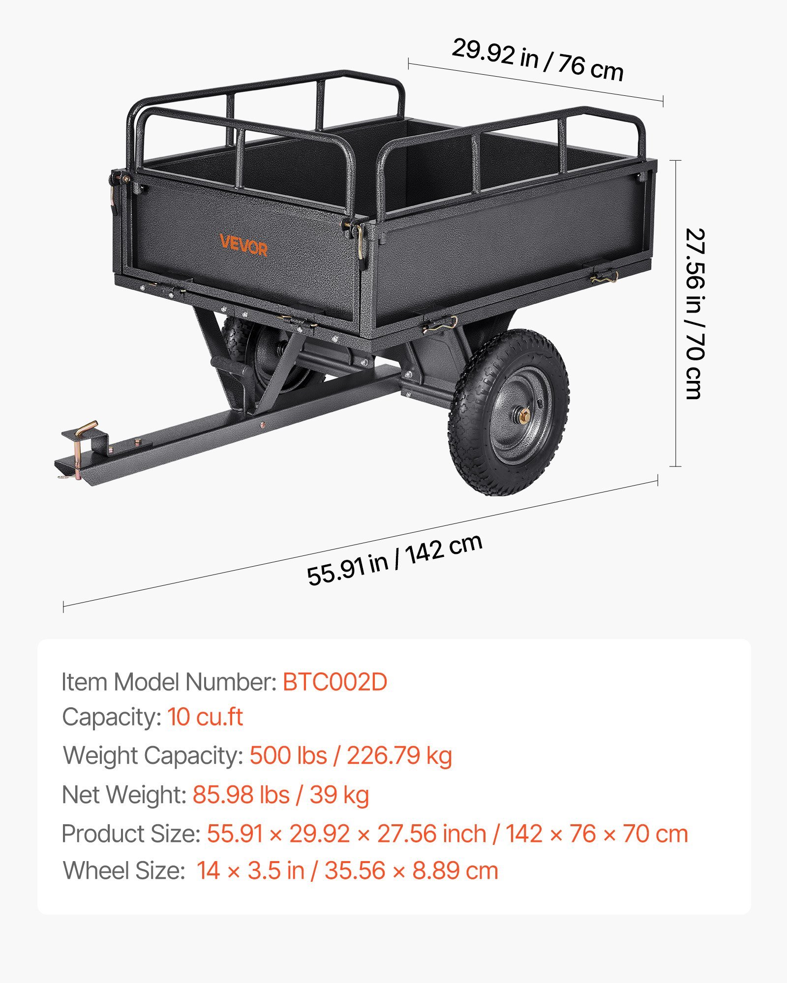 Garden Utility Trailer, 10 Cu. Ft & 227 kg Capacity, ATV UTV Hauling Trailer, Tow Behind Steel Dump Cart with 14" Tires, Hand Pull or Foot Pedal, Heavy Duty Yard Trailers for Lawn Mower Tractor - V952-HYTCHSTPK10CJT946001V0 Garden Utility Trailer, 10 Cu. Ft & 227 kg Capacity, ATV UTV Hauling Trailer, Tow Behind Steel Dump Cart with 14" Tires, Hand Pull or Foot Pedal, Heavy Duty Yard Trailers for Lawn Mower Tractor - Image 7