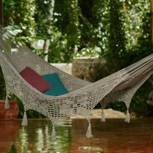Outdoor undercover cotton Mayan Legacy hammock with hand crocheted tassels King Size Dream Sands