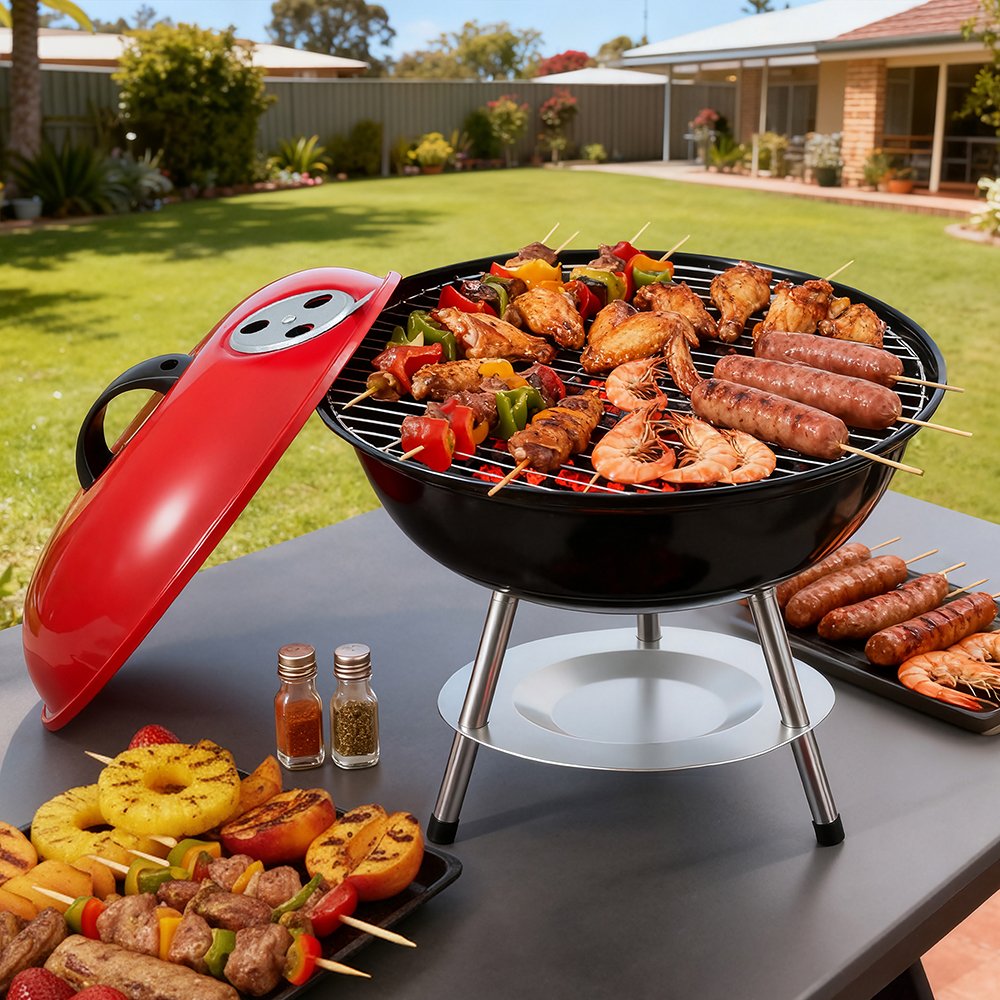 Grillz Charcoal BBQ Grill Portable with Lid for Camping Outdoor - XFEL-BBQ-SMO-RBK Grillz Charcoal BBQ Grill Portable with Lid for Camping Outdoor