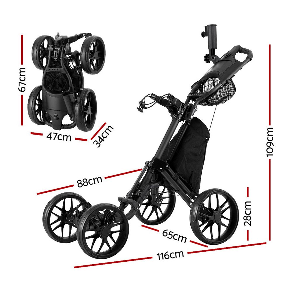 Everfit Golf Buggy Foldable Trolley Golf Cart Wheels Umbrella Bottle Holder - GOLF-A-BUGGY-4-BK Everfit Golf Buggy Foldable Trolley Golf Cart Wheels Umbrella Bottle Holder - Image 2