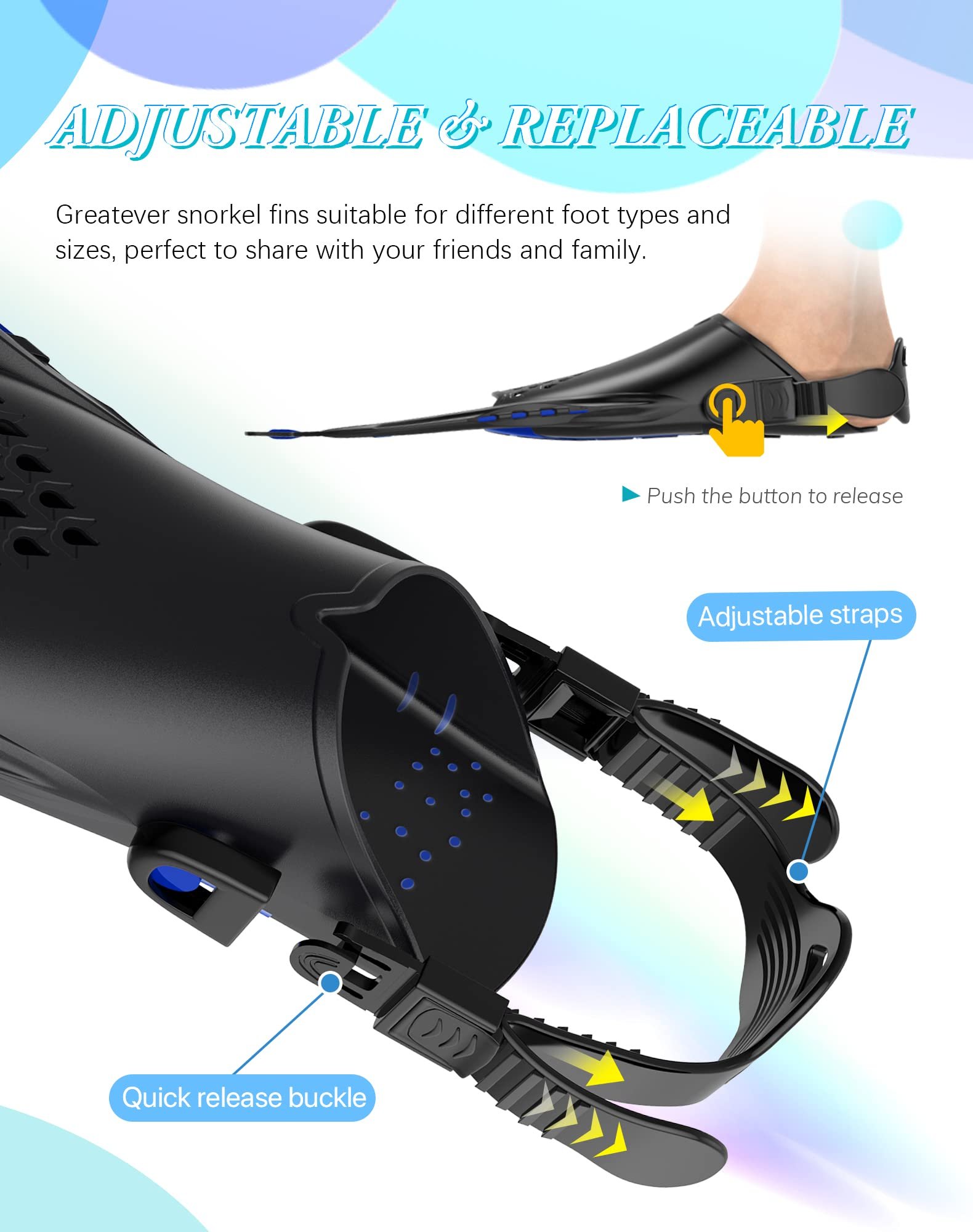 Blue Adjustable Open Heel Snorkel Fins, Travel-Size Short Swim Flippers for Snorkeling, Diving & Swimming, Adult Men & Women(L/XL) - V1107-ADJUSTABLE OPEN HEEL SNORKEL FINS1-L Blue Adjustable Open Heel Snorkel Fins, Travel-Size Short Swim Flippers for Snorkeling, Diving & Swimming, Adult Men & Women(L/XL) - Image 3