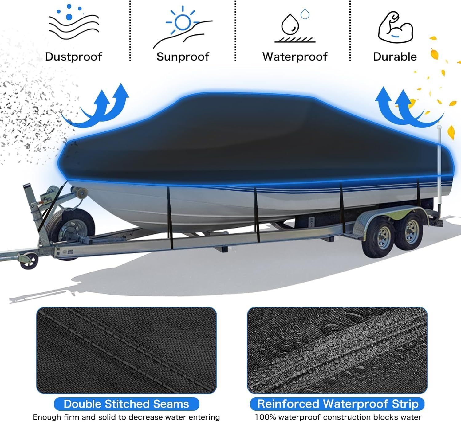 Trailerable Boat Cover – 600DHeavy Duty Waterproof Tarp with Storage Bag, Designed for V-Hull, Fish & Ski, Runabout, Bass & Fishing Boats,20-22FTBlack - V1197-23-25FTRED Trailerable Boat Cover – 600DHeavy Duty Waterproof Tarp with Storage Bag, Designed for V-Hull, Fish & Ski, Runabout, Bass & Fishing Boats,20-22FTBlack - Image 4