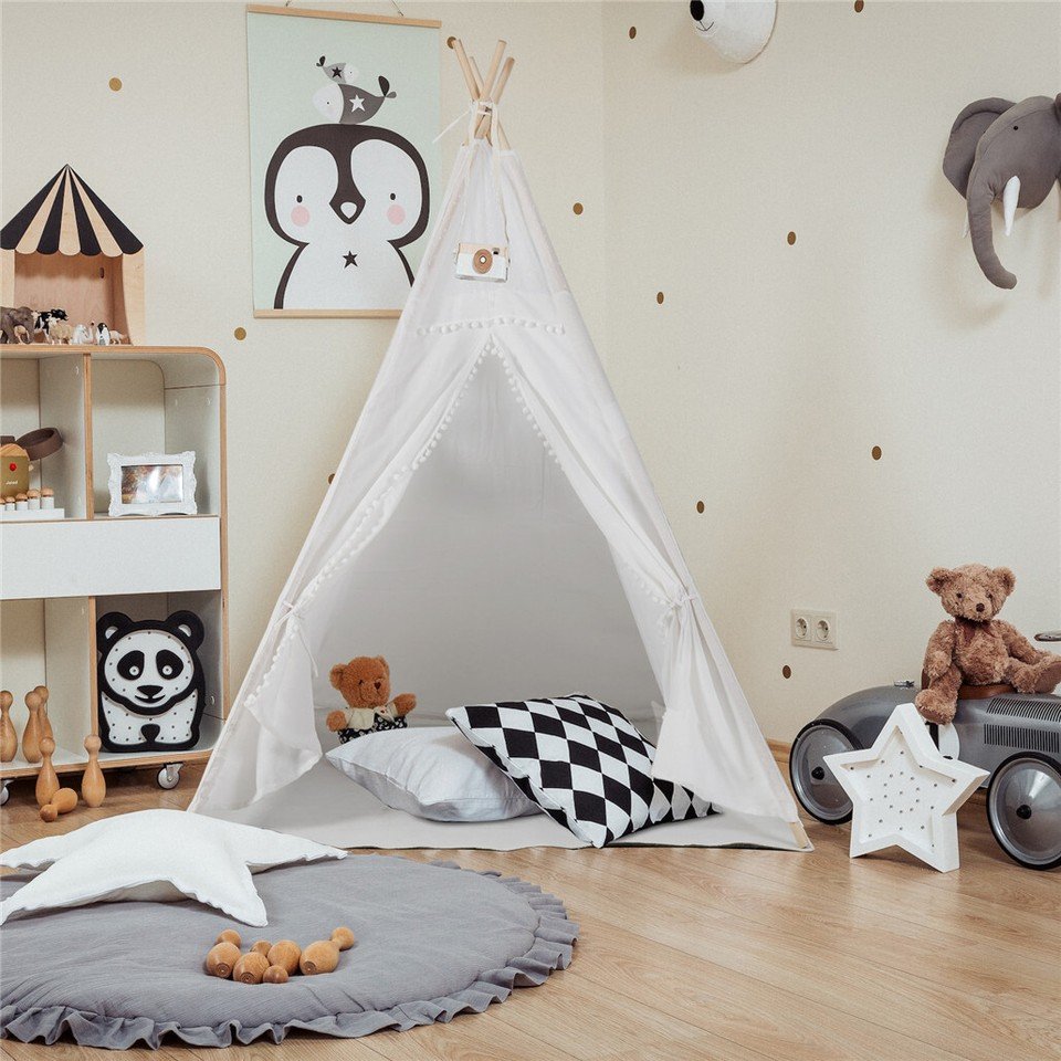 Xxl Kids Play Teepee Tent Indoor Boho Tent Foldable Tipi With Window/Pompom/Mat - V767-XJJ162-NP Xxl Kids Play Teepee Tent Indoor Boho Tent Foldable Tipi With Window/Pompom/Mat - Image 6