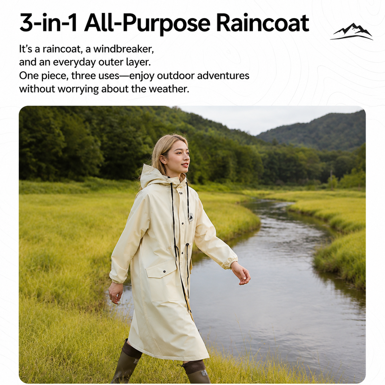 White Full-Cover Hooded EVA Raincoat, Long Trench Coat Waterproof Rain Poncho with Adjustable Waist & Collar Drawstring, Zipper & Snap Windproof Closure, Extended Clear Brim and Covered Pockets for Dailywear Cycling Hiking Camping Use, L Size - V888-ELOSUNG52841 White Full-Cover Hooded EVA Raincoat, Long Trench Coat Waterproof Rain Poncho with Adjustable Waist & Collar Drawstring, Zipper & Snap Windproof Closure, Extended Clear Brim and Covered Pockets for Dailywear Cycling Hiking Camping Use, L Size - Image 3