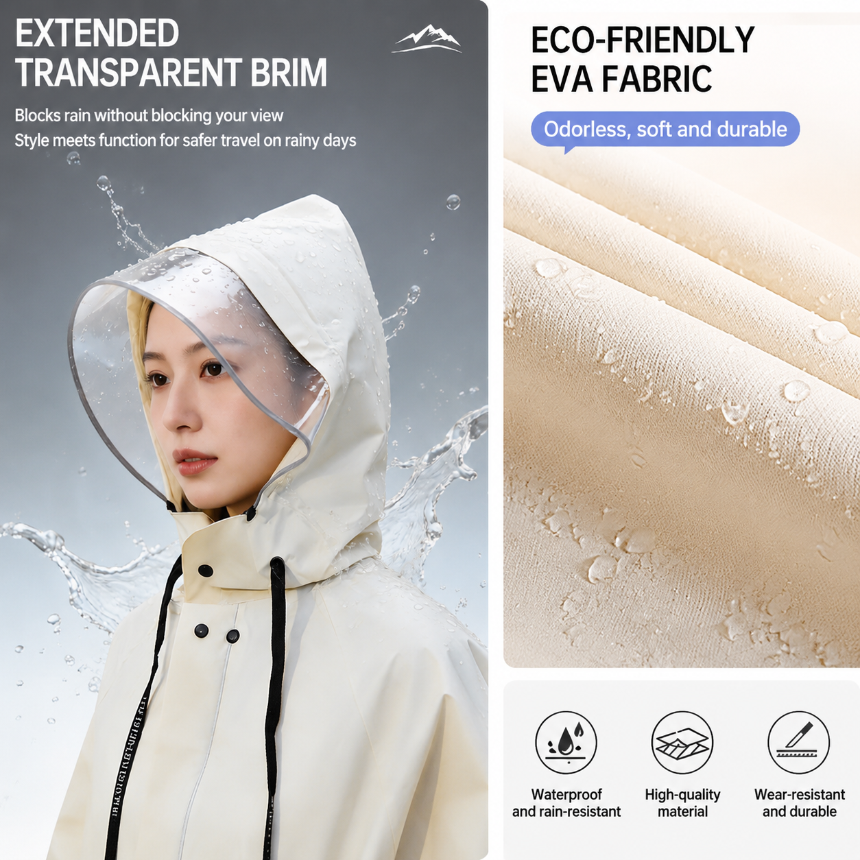 White Full-Cover Hooded EVA Raincoat, Long Trench Coat Waterproof Rain Poncho with Adjustable Waist & Collar Drawstring, Zipper & Snap Windproof Closure, Extended Clear Brim and Covered Pockets for Dailywear Cycling Hiking Camping Use, L Size - V888-ELOSUNG52841 White Full-Cover Hooded EVA Raincoat, Long Trench Coat Waterproof Rain Poncho with Adjustable Waist & Collar Drawstring, Zipper & Snap Windproof Closure, Extended Clear Brim and Covered Pockets for Dailywear Cycling Hiking Camping Use, L Size - Image 4