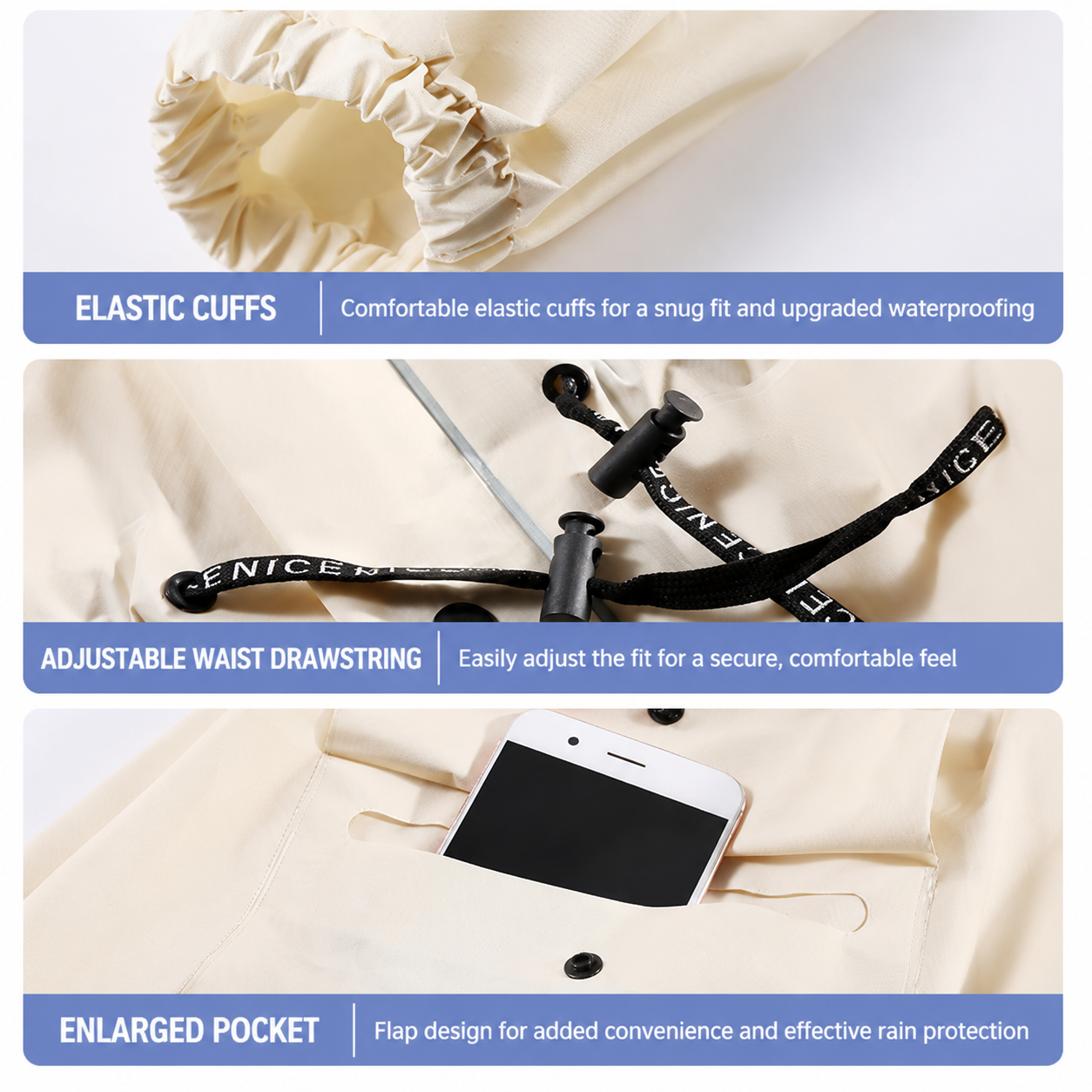 White Full-Cover Hooded EVA Raincoat, Long Trench Coat Waterproof Rain Poncho with Adjustable Waist & Collar Drawstring, Zipper & Snap Windproof Closure, Extended Clear Brim and Covered Pockets for Dailywear Cycling Hiking Camping Use, L Size - V888-ELOSUNG52841 White Full-Cover Hooded EVA Raincoat, Long Trench Coat Waterproof Rain Poncho with Adjustable Waist & Collar Drawstring, Zipper & Snap Windproof Closure, Extended Clear Brim and Covered Pockets for Dailywear Cycling Hiking Camping Use, L Size - Image 6