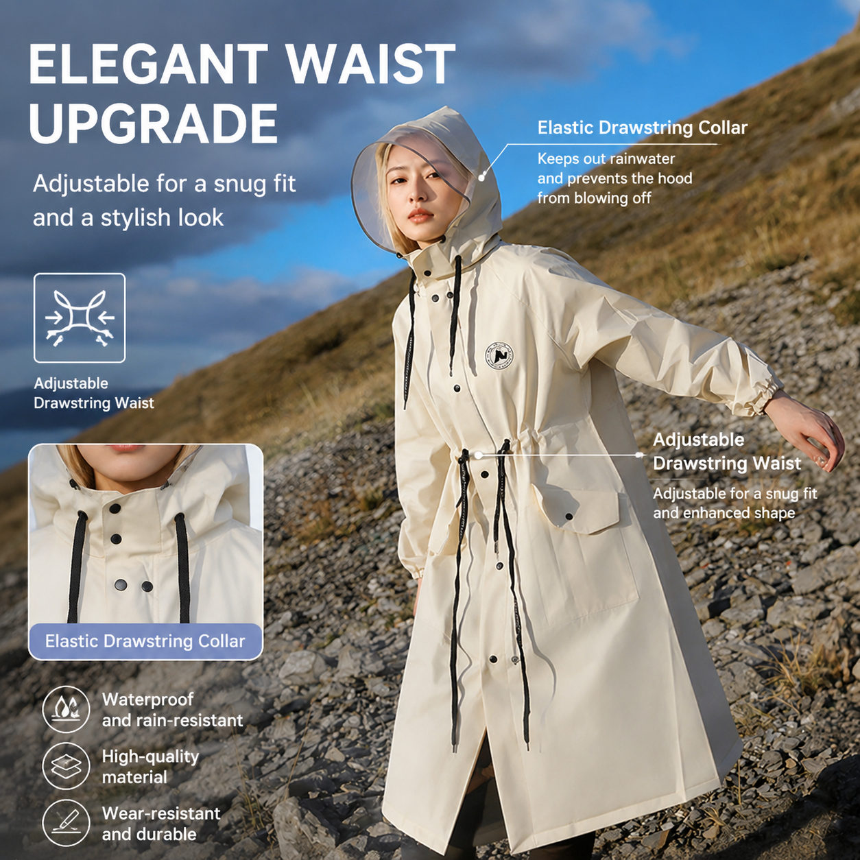Black Full-Cover Hooded EVA Raincoat, Long Trench Coat Waterproof Rain Poncho with Adjustable Waist & Collar Drawstring, Zipper & Snap Windproof Closure, Extended Clear Brim and Covered Pockets for Dailywear Cycling Hiking Camping Use, L Size - V888-ELOSUNG52844 Black Full-Cover Hooded EVA Raincoat, Long Trench Coat Waterproof Rain Poncho with Adjustable Waist & Collar Drawstring, Zipper & Snap Windproof Closure, Extended Clear Brim and Covered Pockets for Dailywear Cycling Hiking Camping Use, L Size - Image 5