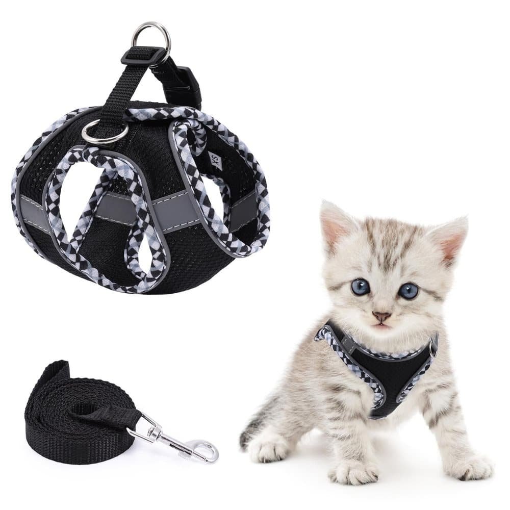 Adjustable Dog and Cat Harness with Leash Reflective Soft Secure Fit, XXS, Black