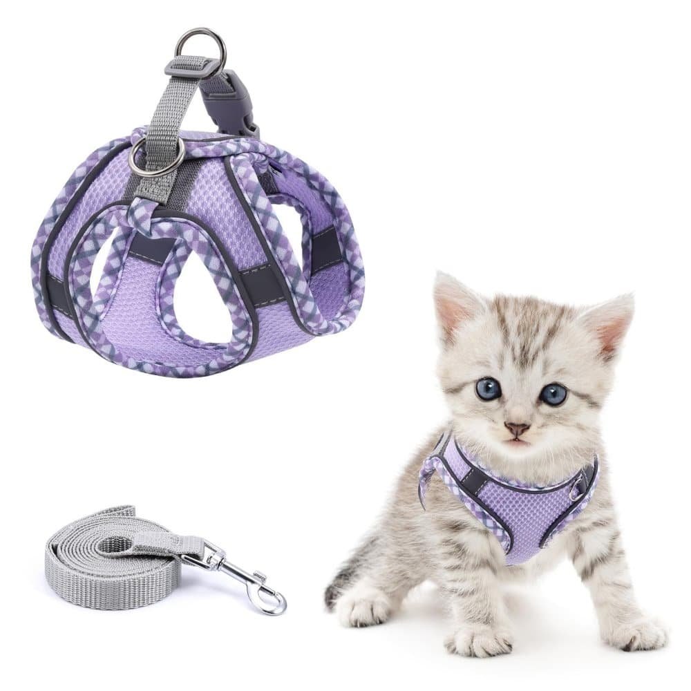 Adjustable Dog and Cat Harness with Leash Reflective Soft Secure Fit, L Purple