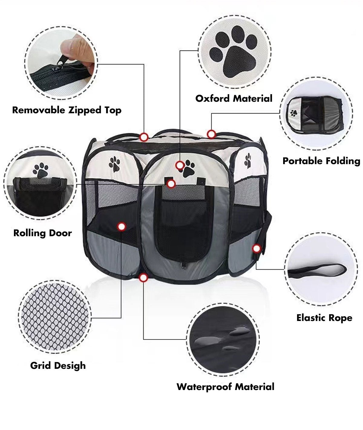 8 Panel Pet Dog Cat Crate Play Pen Bags Kennel Portable Tent Playpen Puppy Cage Extra Large Grey - V610-SOFPLAYPEN-XL-GREY 8 Panel Pet Dog Cat Crate Play Pen Bags Kennel Portable Tent Playpen Puppy Cage Extra Large Grey - Image 2