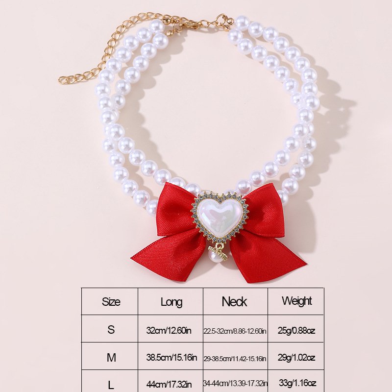 2 - PCS Cute Pet Pearl Necklace Collar with Red Bow and Heart Charm - Size M - V888-ELOSUNG22830 2 - PCS Cute Pet Pearl Necklace Collar with Red Bow and Heart Charm - Size M - Image 4