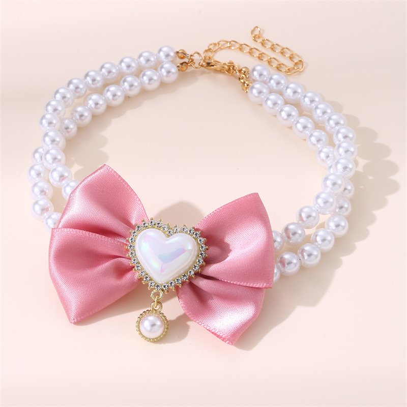 2 - PCS Cute Pet Pearl Necklace Collar with Pink Bow and Heart Charm - Size M