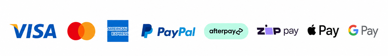 Accepted payment methods: Visa, Mastercard, American Express, PayPal, Afterpay, Zip, Apple Pay and Google Pay